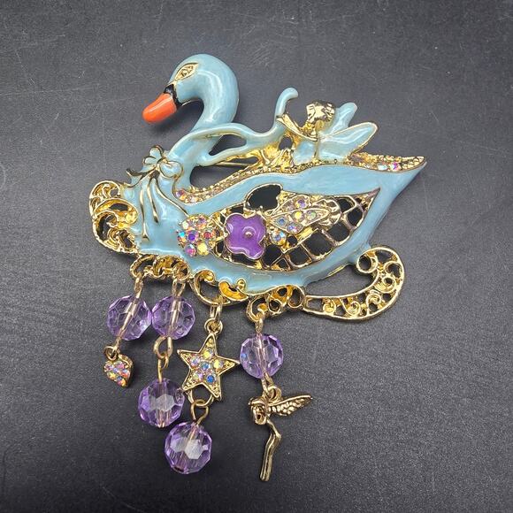 Powder Blue Enamel Swan Brooch Purple Gold Tone Charms Whimsical - Picture 7 of 7